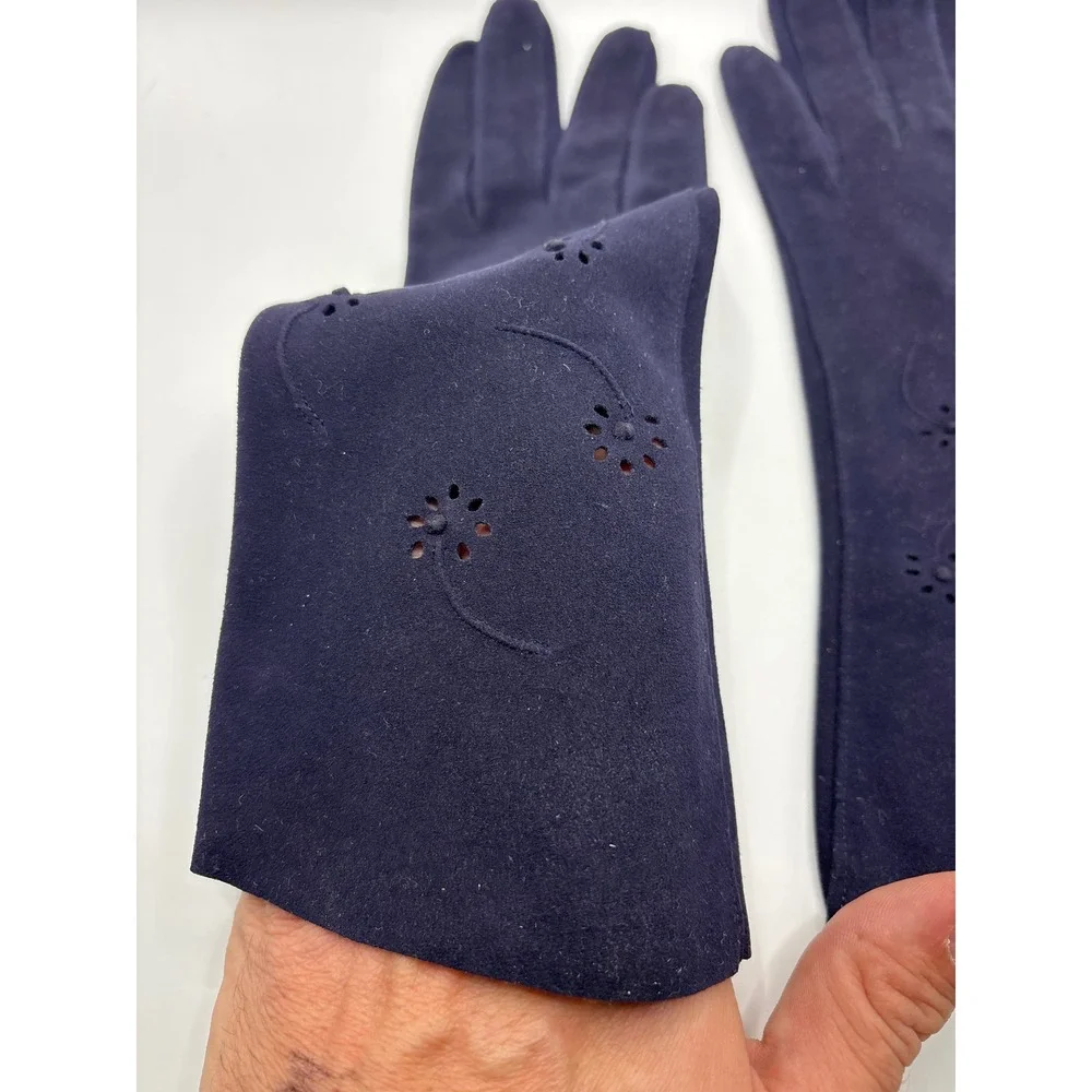 VTG‎ Kislav Lavable Navy Blue Opera Gloves Floral Eyelet Suede Cloth 7.5 France